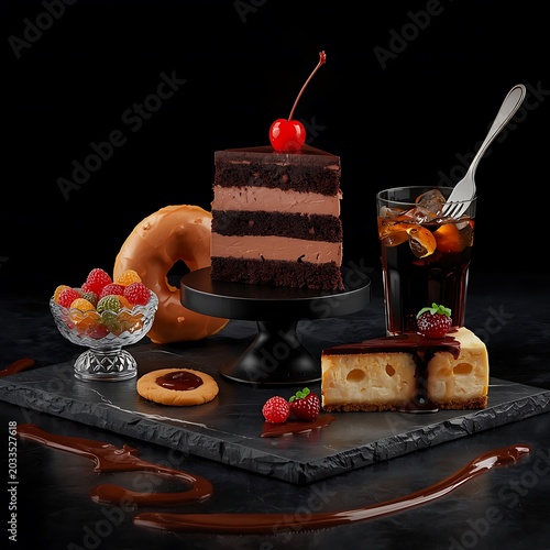 Artistic arrangement of high-sugar foods including chocolate cake, donuts, cheesecake, and soda on a dark slate.