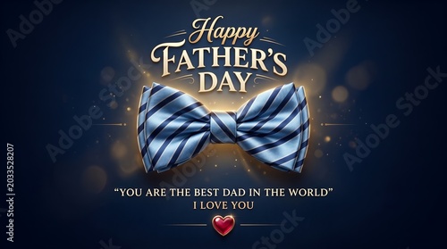 Happy father's day greeting card with elegant striped bow tie and golden bokeh lights on dark blue background for best dad in the world thank you red heart