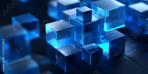 Abstract 3D Blue Geometric Cubes Art with Layered Boxes and Shadow Effects for Modern Design and Digital Art Projects