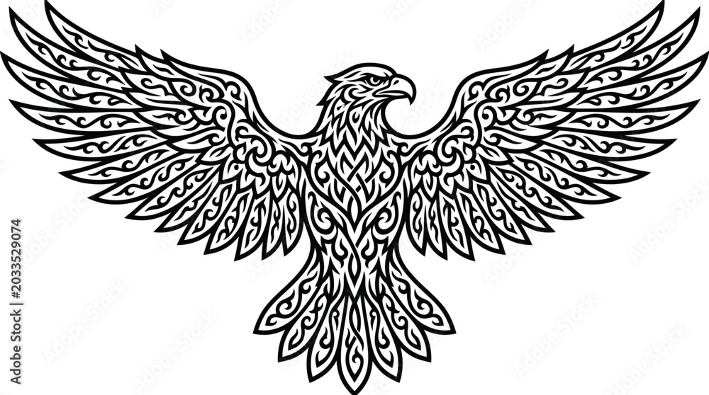 Obraz premium Majestic Tribal Eagle Spreading Wings, Intricate Ornamental Patterns, Isolated White Background.