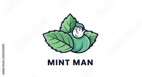 Friendly Character Mascot Peeking Through Green Mint Leaves
