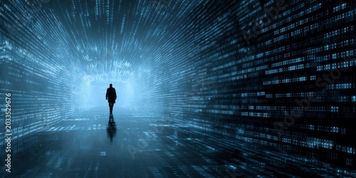 Mysterious silhouette of a person walking through a futuristic tunnel illuminated by digital data streams and binary code atmosphere