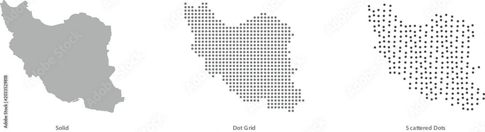 Fototapeta premium Set of iran map shapes in solid, dot grid, and scattered dots styles vector illustration