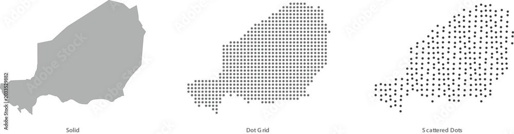 Obraz premium Map of niger in three different styles solid, dot grid, and scattered dots vector illustration