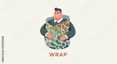 Happy Man Wrapped in Various Camouflage Patterns