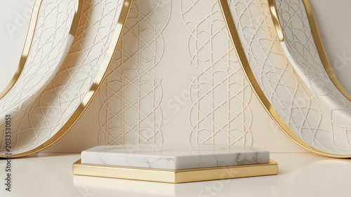 Marble podium on a gold base with draped fabric and geometric background