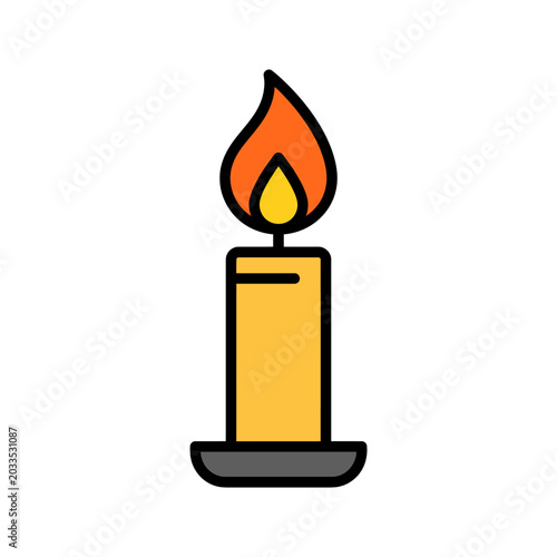 Yellow candle with orange flame burning.