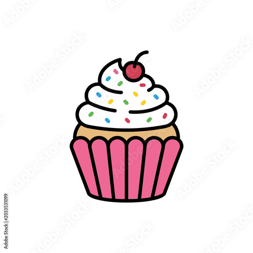 Colorful cupcake with white frosting.