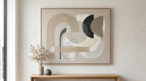 A minimalist abstract painting with geometric shapes and muted colors on a light-colored background, framed in a simple wooden frame.