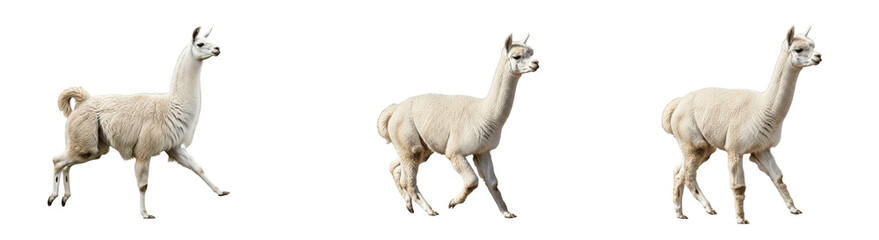A Set of Three graceful white llama walking PNG poses on white background, cute farm and alpaca style animal clipart for kids decor, labels, posters and web design

