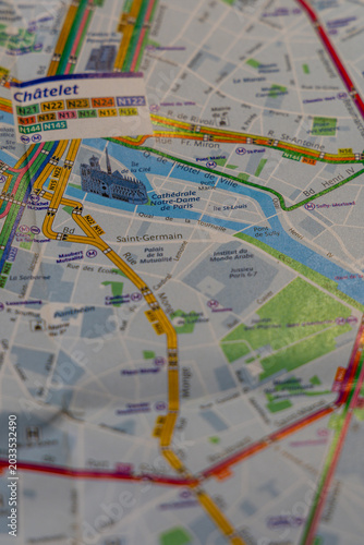 Route planning on a map showing Chatelet area in Paris for travel