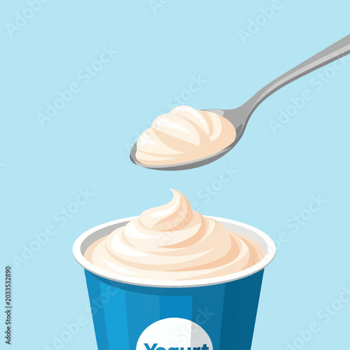 Vector illustration of a silver spoon scooping thick creamy yogurt swirl from a blue plastic cup container, isolated on a light blue background, clean flat design style.