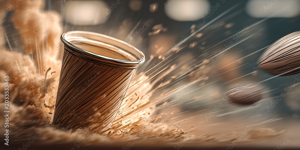 Fototapeta premium Exploding coffee cup with dynamic splash of liquid and abstract elements.