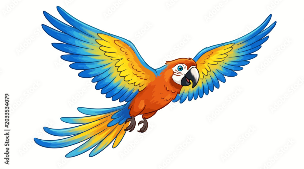 Fototapeta premium Colorful macaw parrot in mid flight with vibrant blue and yellow wings spread wide