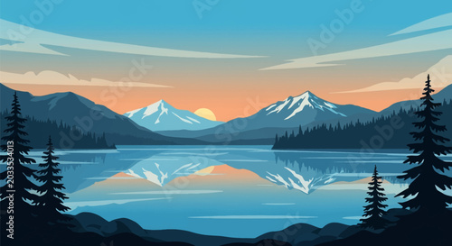 Flat vector illustration of a mountain lake at sunset featuring snow-capped peaks reflected in calm water, surrounded by coniferous forest silhouettes under a clear sky.