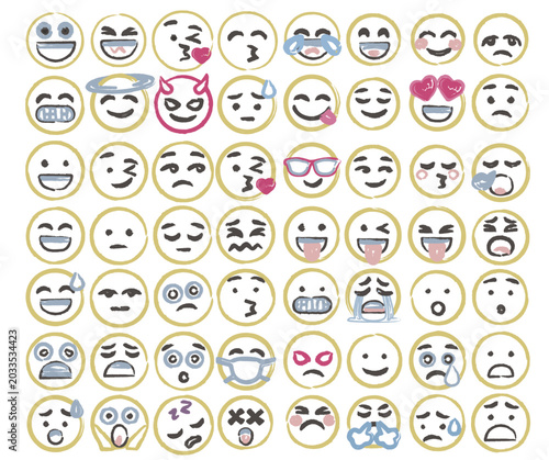 illustration of a   variety of smile icon set design charcoal hand drawn stylized in pastel colors
