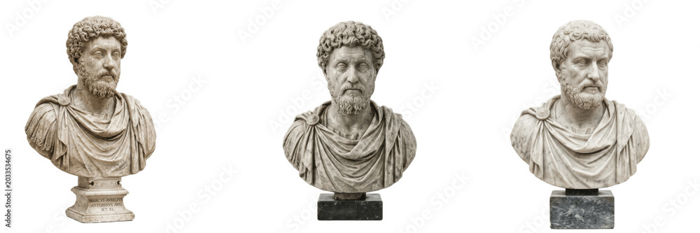 Fototapeta premium A Set of Ancient Roman Marble Bust Statues Isolated on White Background Historical Sculpture Art Museum Collection PNG for Classical Culture Design Resources
