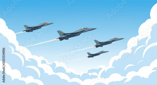 Vector illustration of four modern military fighter jets flying in formation through a blue sky with stylized white clouds and exhaust contrails trailing from the engines.