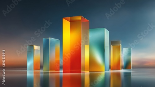 Abstract geometric panels standing upright with smooth soft gradients in blue and orange palette, glossy reflections, minimalistic composition, cinematic lighting, modern 3D art aesthetic