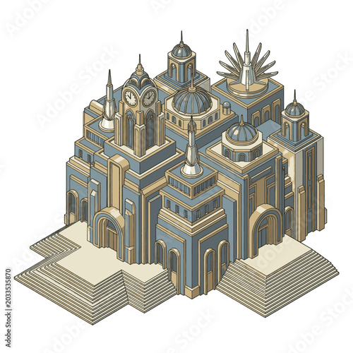 Intricate isometric illustration of a futuristic, art deco inspired city building complex with domes and spires.