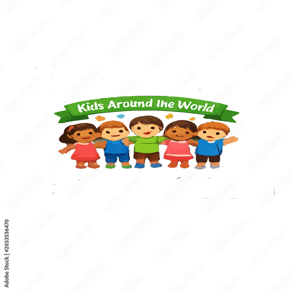 Obraz premium Kids Around the World illustration, diverse group of happy children standing together, multicultural friendship banner for education and school posters