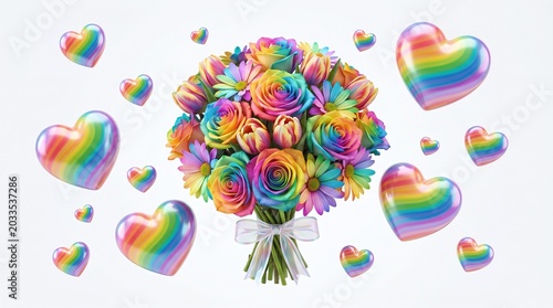 Pride Bouquet with Ribbon and Floating Hearts