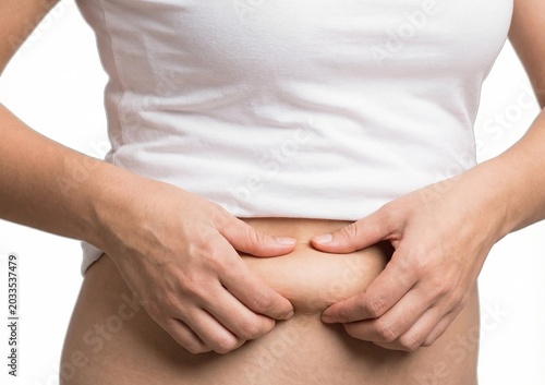 Overweight woman hand pinching her excessive belly fat isolated on a white background. Diet concept.