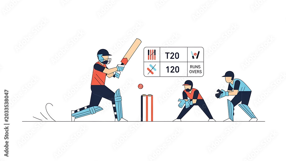 Obraz premium Cricket players in casual jeans like outfits play outdoor sports with batsmen and wickets.
