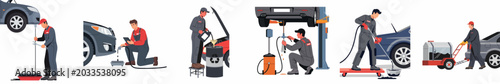 Fotografi Flat illustration of mechanics performing oil changes, draining old oil, and maintaining vehicles in a car service workshop environment