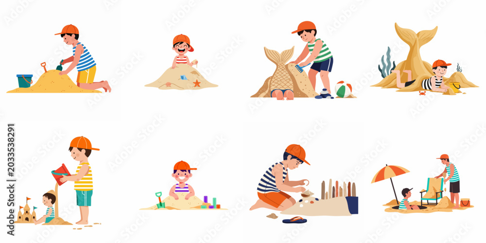 Fototapeta premium Collection of children playing on the beach, building sandcastles, making sand sculptures, and enjoying summer activities in various cute flat vector illustrations