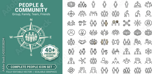 People line icon set. Includes group, family, human, team, community, friends, population, senior and more. Editable stroke. Vector illustration.
