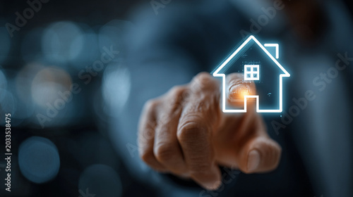 Hand interacting with digital house icon, real estate investment concept, indoors, futuristic
