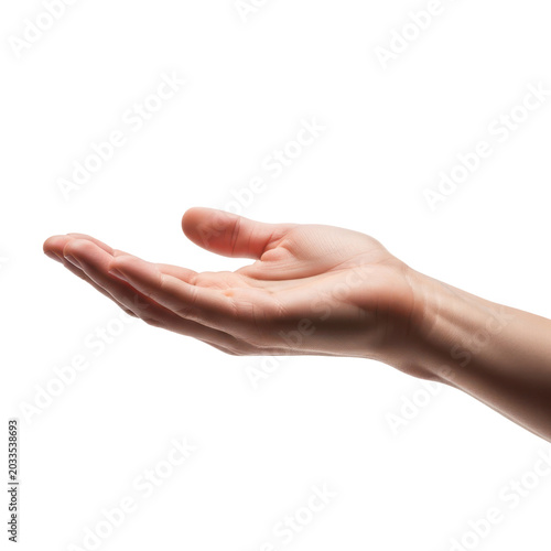 A fair-skinned left hand with palm facing upwards, isolated on