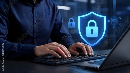 Cyber security data protection concept with man working on computer and glowing shield icon