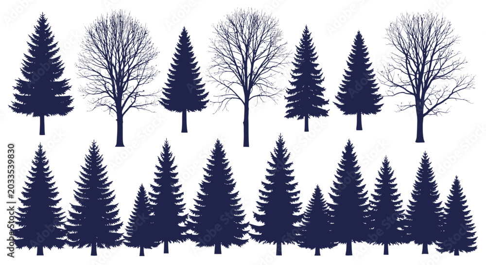 Fototapeta premium Collection of Pine and Bare Trees Silhouettes, Vector Graphics