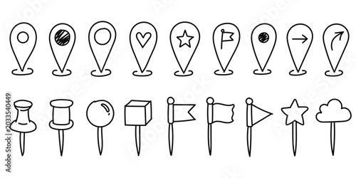 Hand drawn map pins flags arrows and location marker doodle icons