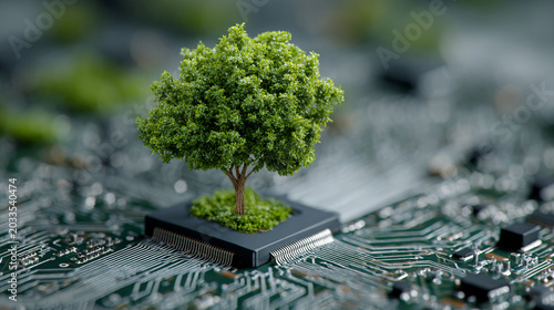 Green tree growing on a microchip symbolizing sustainable technology and innovation in eco-friendly electronics