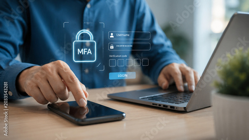 Multifactor authentication concept with person using smartphone and laptop for secure login