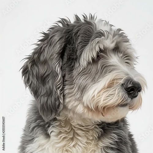 Close-up of an Old English Sheep dog with curly fur and soulful brown eyes, set against a plain white background