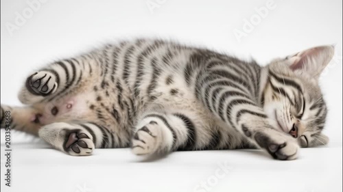 A cute, fluffy, gray tabby kitten with closed eyes and curled up, lying on a white background