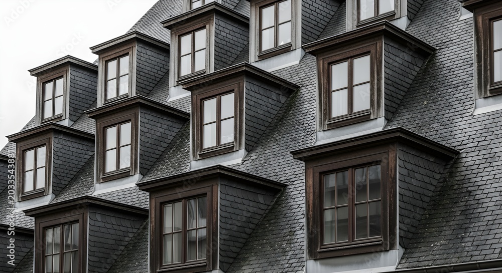 Obraz premium Dormer Windows On A Slate Roof With A Cloudy Sky