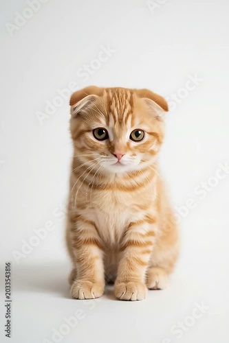 a cute, fluffy orange tabby kitten with bright amber eyes and white facial markings, sitting on a white background