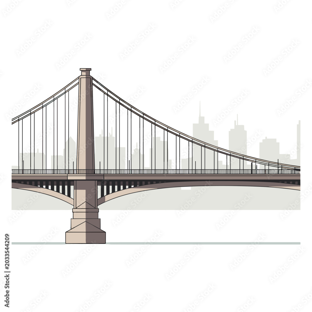Naklejka premium Simple Suspension Bridge Illustration with City Backdrop