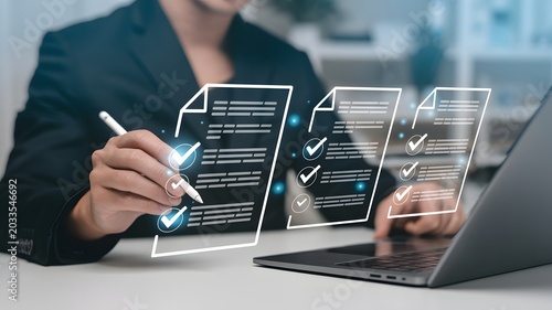 Professional efficiently managing digital documents and online forms with a stylus, showcasing modern technological solutions for business verification and task completion