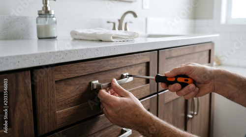 Handyman Installing Silver Brushed Nickel Drawer Handle on Dark Wooden Bathroom Vanity Cabinet Using Screwdriver Modern Bathroom Home Improvement Service