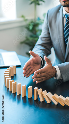 Businessman stopping domino effect with his hand on a blue table in an office setting with a plant in the background
