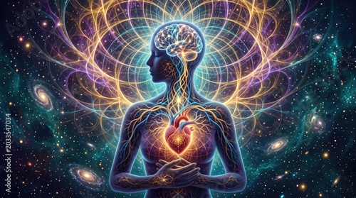 brain nubes energy concept. Human figure with illuminated brain and heart surrounded by intricate cosmic and neural network patterns.