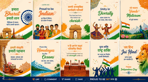 Fotografie A vibrant collection of Indian Independence Day themed social media posts featuring diverse cultural symbols, national pride, and patriotic messages