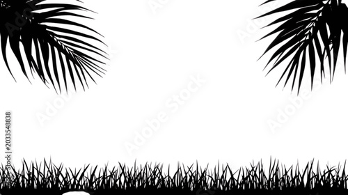 Tropical Silhouette Border: A graphic silhouette design features lush palm fronds framing the top and a band of detailed grass at the bottom.
