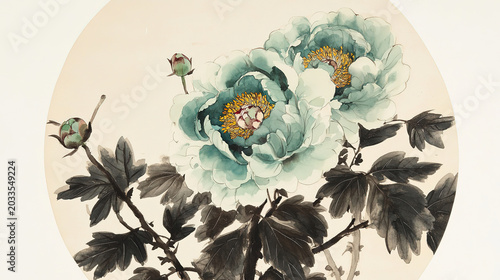 Traditional circle painting green peonies with yellow red stamens dark foliage light buds on white circle beige background